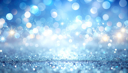 Obraz premium Beautiful defocused holiday blue background with glittering light bokeh. Soft glow