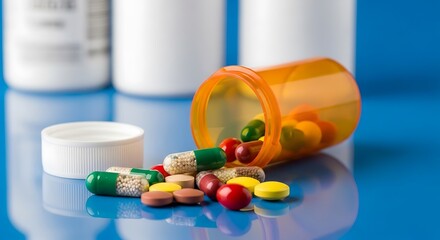 Various pills spilled from an orange prescription bottle with white bottles in the background illustrating healthcare and medication management