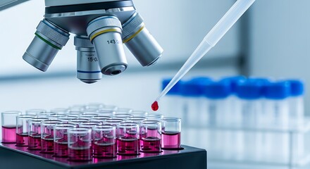Scientific Research and Experimentation Pipette Dropping Sample into Test Tubes under Microscope Examination