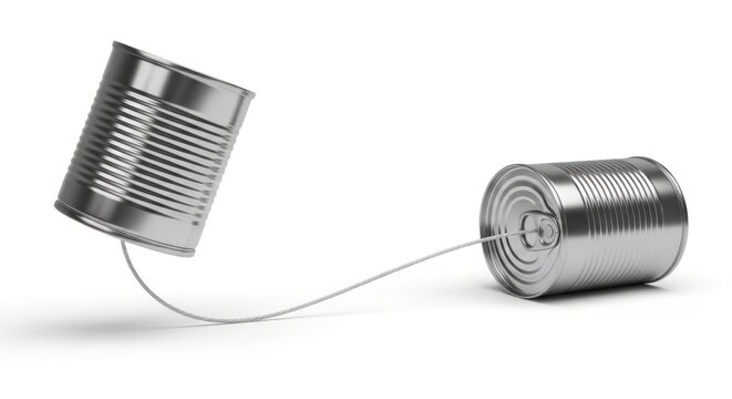 Two tin cans connected by a string on a white background.