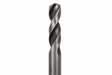 Metal twist drill closeup isolated on transparent background, showing helical flutes and cutting edge