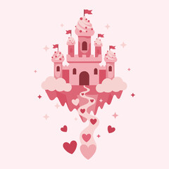 Pink fairy tale love castle on floating island with heart trail