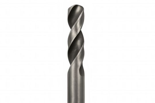 Metal twist drill closeup isolated on transparent background, showing helical flutes and cutting edge