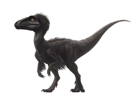 An intriguing illustration shows a solitary black feathered raptor standing on a plain white backdrop, prehistoric and captivating to behold.