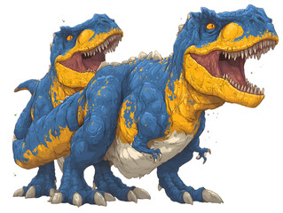 Obraz premium Two whical blue and yellow Tyrannosaurus Rex dinosaurs stand side by side against a white background showcasing vibrant cartoon artistry.
