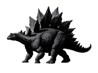 Fototapeta premium Dramatic monochromatic illustration presents a detailed stegosaurus dinosaur with prominent plates and a spiked tail on a plain white background.