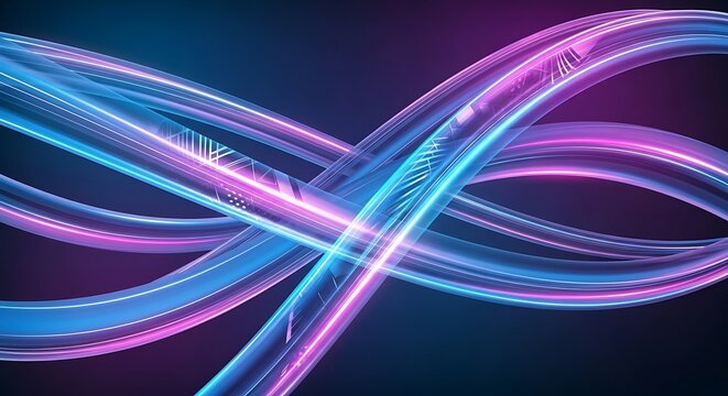 Intertwined futuristic fiber optic cables glowing with blue and pink light.