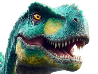 A large predatory dinosaur with colorful blue and green scales opens its mouth wide showing teeth against a bright white background.