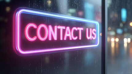 Obraz premium A glowing neon sign that says Contact Us in pink and blue colors, with a dark background featuring raindrops on the window glass.