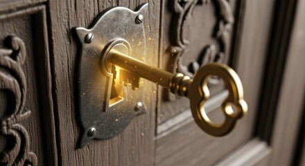 Obraz premium A golden key with a keyhole on a wooden door with intricate carvings.