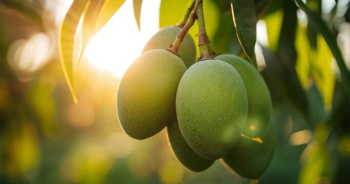 Close up of green mangoes on a tree branch in sunlight environment