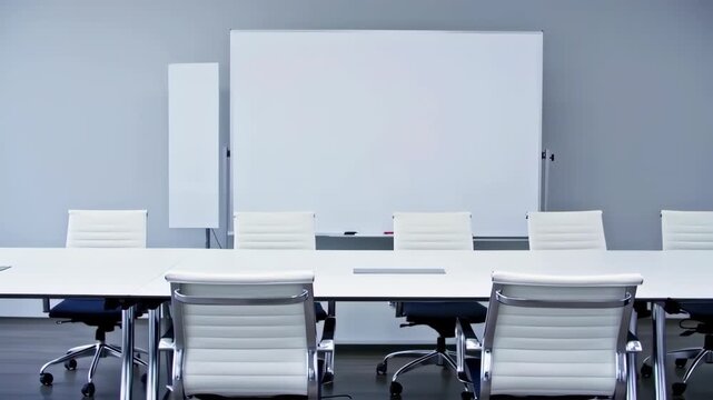 Empty modern conference room with white table and chairs, blank whiteboard