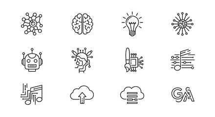 Ai and technology icons set brain cloud lightbulb gear network data science innovation concept art vector