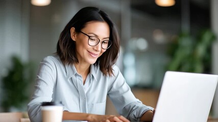Smiling asian woman using smartphone while working on laptop - Powered by Adobe