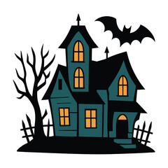 Spooky Haunted House with Bat and Bare Tree for Halloween
