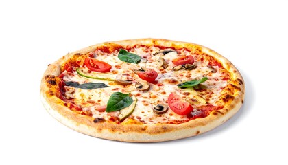 Circular, fully-topped pizza on a white background, ready to eat