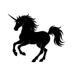 Black Silhouette of a Majestic Unicorn with Flowing Mane Fantasy Horse Vector on White Background