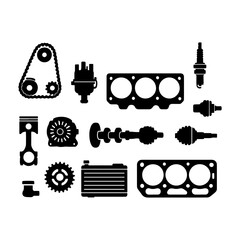 Car Engine Parts Silhouette Set, Isolated Black Auto Components Icons for Mechanical and Automotive Design