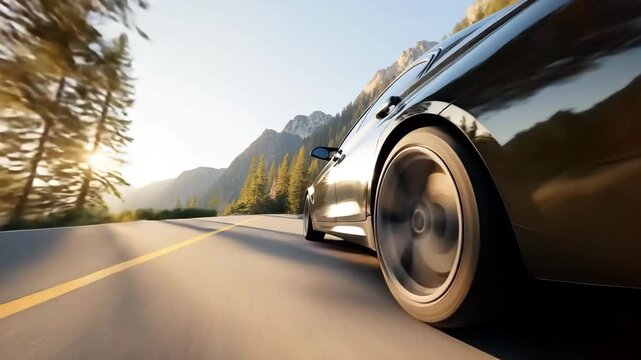 Low angle view on a black car driving thru the mountain road at sunset