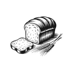 Freshly Baked Bread Loaf and Slice with Wheat Ears Vintage Bakery Hand Drawn Vector Illustration