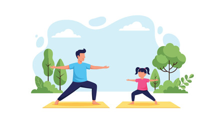 Adobe illustrator artwork vector illustration of a father and daughter doing yoga together in warrior pose outdoors, symbolizing family wellness, healthy habits, and joyful bonding © Amie
