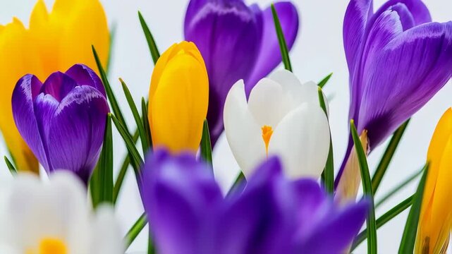 Close-up of colorful crocus blossoms in various stages of bloom.