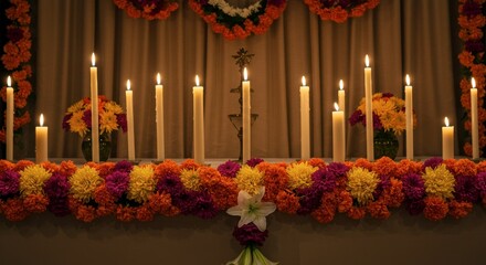 Day of the dead altar with lit candles and colorful flowers for traditional celebration