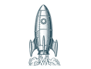 Vintage Rocket Launch Hand Drawn Spacecraft Flying with Smoke Detailed Retro Vector Illustration
