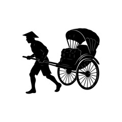 Traditional Hand-Pulled Rickshaw Silhouette Man Pulling Vintage Cart Vector on White Background
