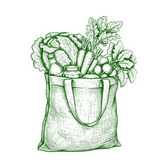 Hand Drawn Eco Bag Full of Fresh Vegetables and Groceries Detailed Organic Market Vector Illustration