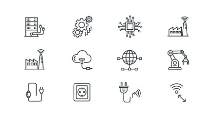 Set of 12 hand-drawn icons representing smart technology industry and automation concepts vector