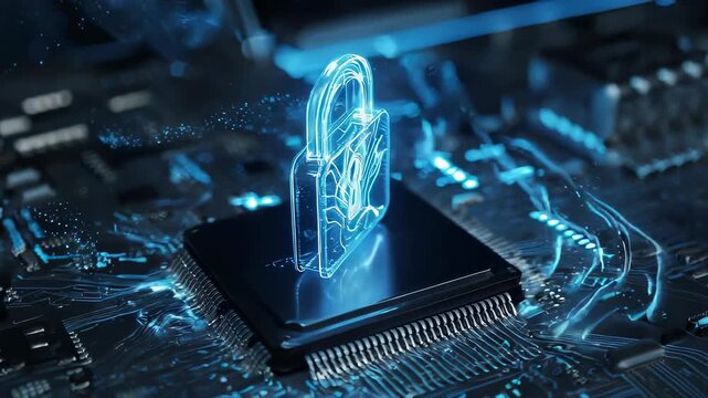 A glowing, digital padlock hovers above a computer chip, set against a blue, circuit board