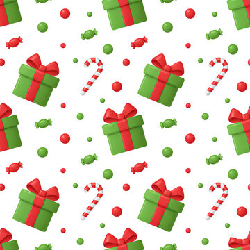 Christmas pattern of colorful gifts, ribbons, and candy canes, perfect for packaging, wrapping paper, Ai Generate.