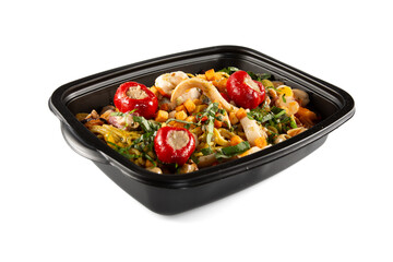 plastic package with healthy lunch containers with vegetable salad and fresh food to take away on white background
