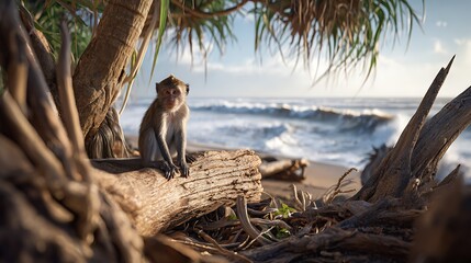 Monkey on beach driftwood looking at camera tropical wildlife primate animal nature ocean waves travel bali indonesia