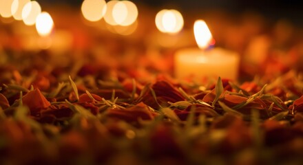 Day of the dead celebration with marigold petals and candlelight atmosphere for festive decor