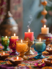 Scented candles in colorful glass holders, Diwali festive decor