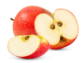 Pink lady apples and cut in a half with clipping path. Red fresh apple and a slice isolated. 