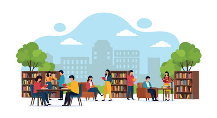 Adobe illustrator artwork vector illustration of a bustling modern library, with diverse students actively reading, studying, and selecting books, emphasizing a vibrant learning atmosphere © Amie