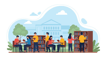 Adobe illustrator artwork vector illustration of a bustling modern library, with diverse students actively reading, studying, and selecting books, emphasizing a vibrant learning atmosphere © Amie
