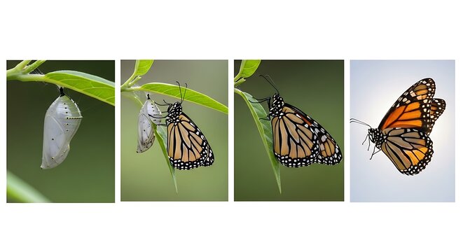 Butterfly metamorphosis stages from chrysalis to monarch insect flight