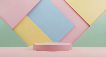 Minimalist background featuring yellow, blue, and pink geometric layers with a central pink round platform. Perfect for fashion, toy, or candy product advertising. AI-Generated Design.