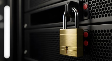 A golden padlock secures a server rack, symbolizing data protection and cybersecurity measures