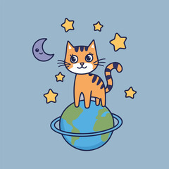 Unique vector art for National Cat Day with whimsical geometric cats, fantasy scenes, vintage posters, coffee, planets, yarn & cute seamless doodles