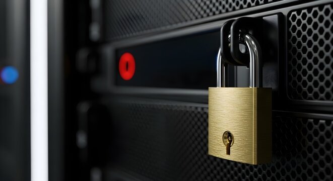 A golden padlock secures a server rack, symbolizing data protection and cybersecurity measures - Powered by Adobe