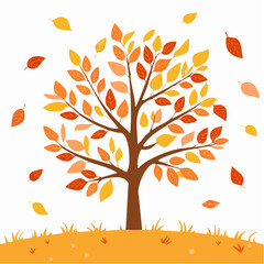 Stylized Autumn Tree with Falling Leaves in Orange, Red, and Yellow on White Background Representing Seasonal Change