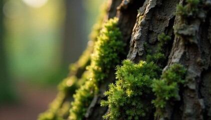 Close up of mossy tree bark with dew drops, intricate textures, macro detail A highly detailed macro photograph of mossy tree bark. Tiny dew drops glisten on the vibrant green moss, highlighting the
