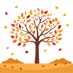 Stylized Autumn Tree with Falling Leaves in Orange, Red, and Yellow on White Background Representing Seasonal Change