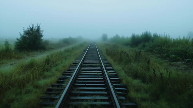 Abandoned railroad tracks in mist