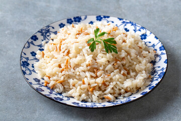 Traditional delicious Turkish food; Turkish style rice pilaf (Turkish name; Arpa sehriyeli pirinc pilavi)